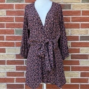 Free People Clara Boho Floral Long Sleeve Wrap Black Pink Tunic Mini Dress 👗